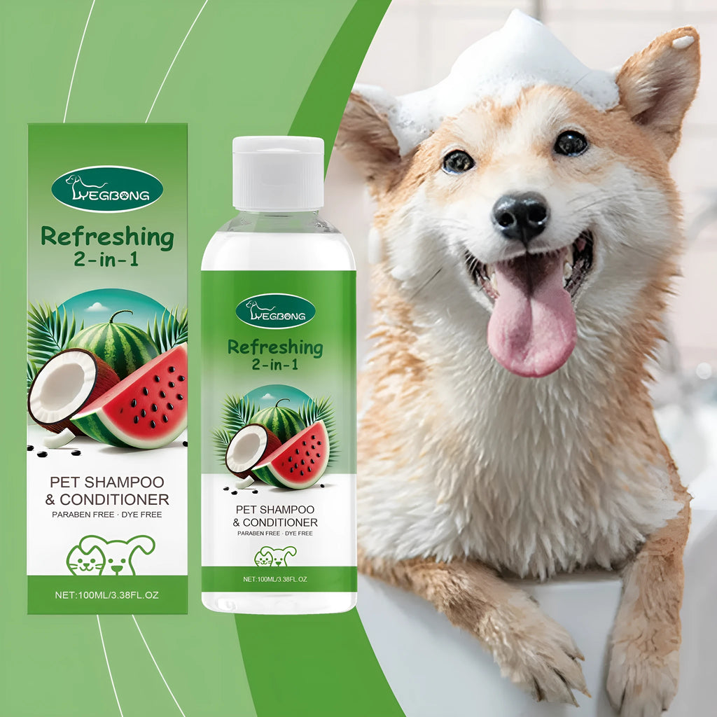 100ml pet 2-in-1 shampoo bottle with watermelon and coconut extracts measuring 3.8cm by 12.8cm