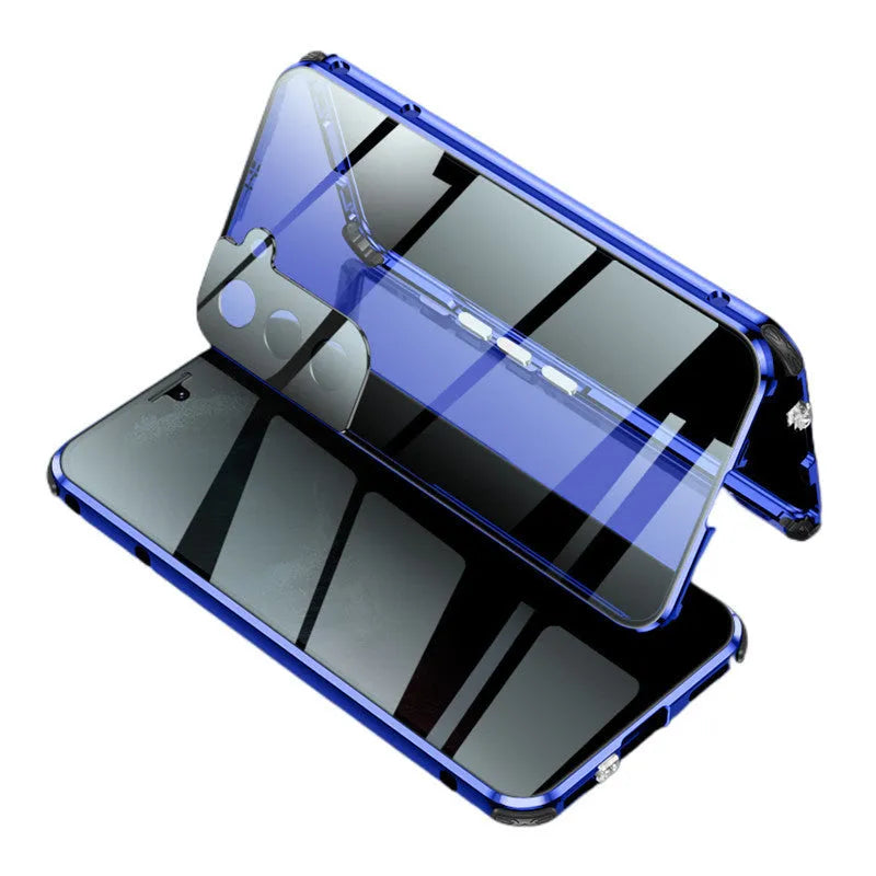Black clamshell anti-peeping magnetic phone case for Samsung Galaxy phone shown open and closed