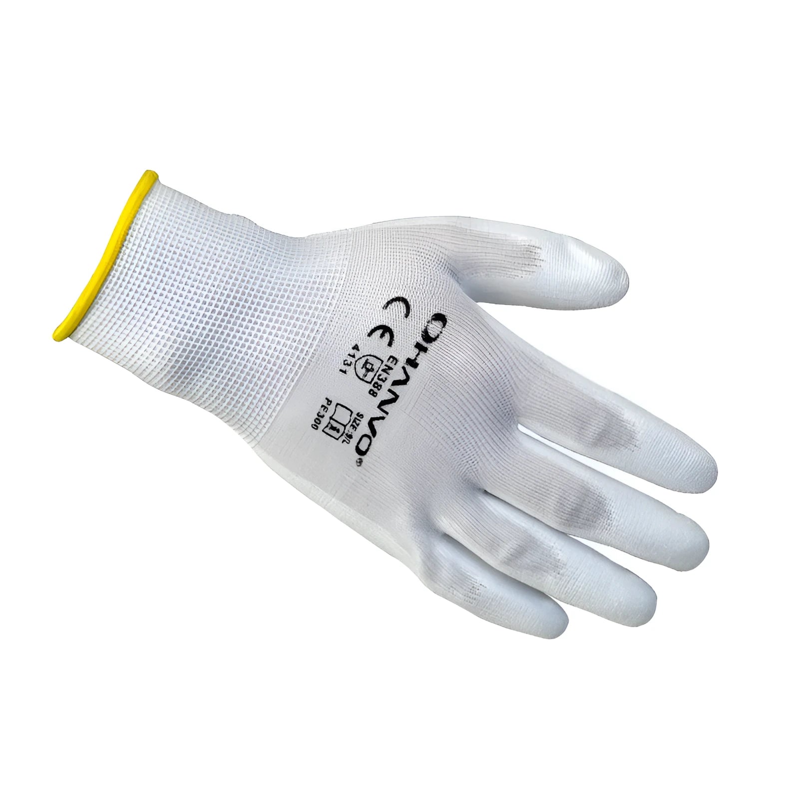 White PU-coated labour gloves showing flexible design, available in sizes L and M.
