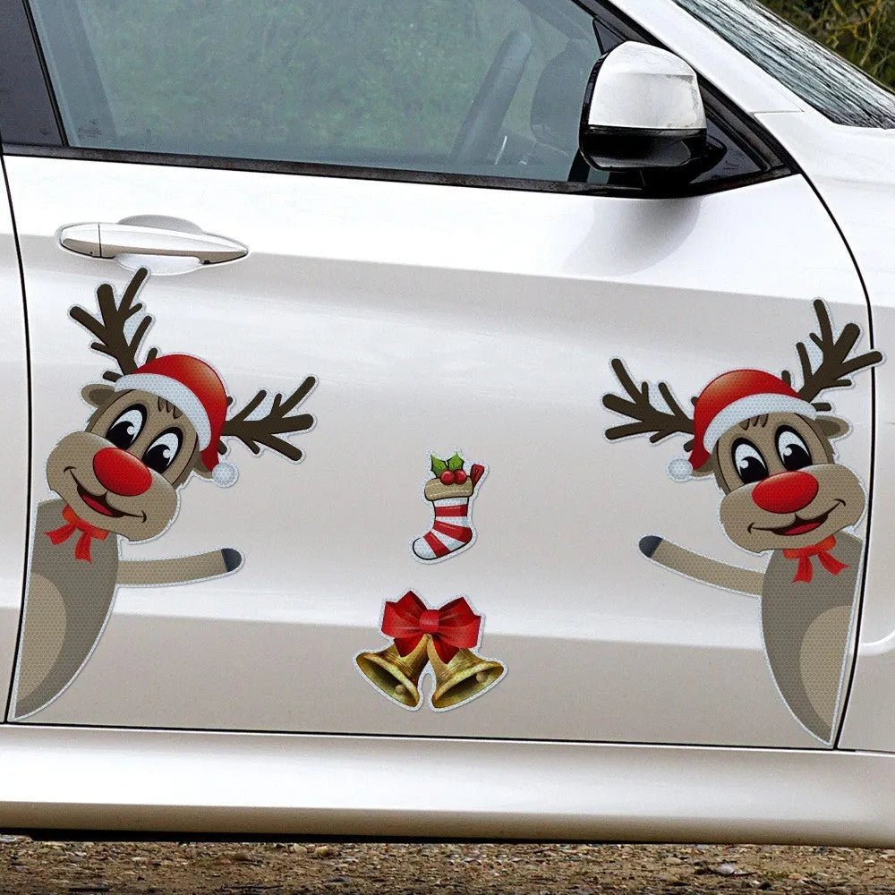 Cartoon Christmas elk bell design magnetic bumper stickers with reflective and luminous features on a vehicle.