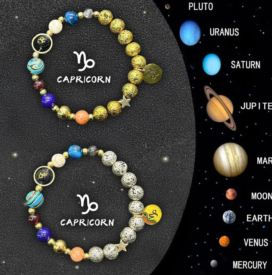 Natural stone zodiac beaded bracelet set showing two bracelets with twelve astrological sign designs