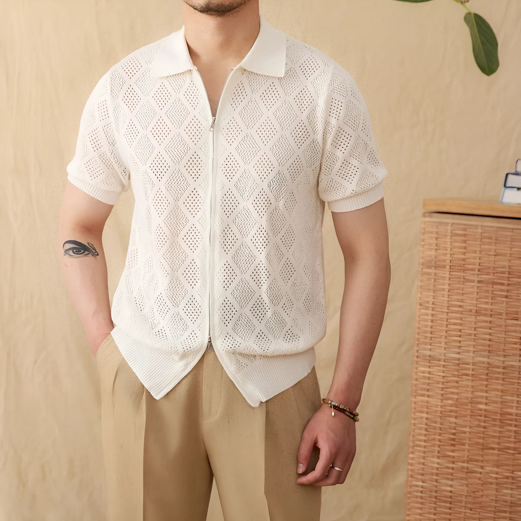 Men's light coffee cotton cardigan with zipper front and lapel collar shown on hanger