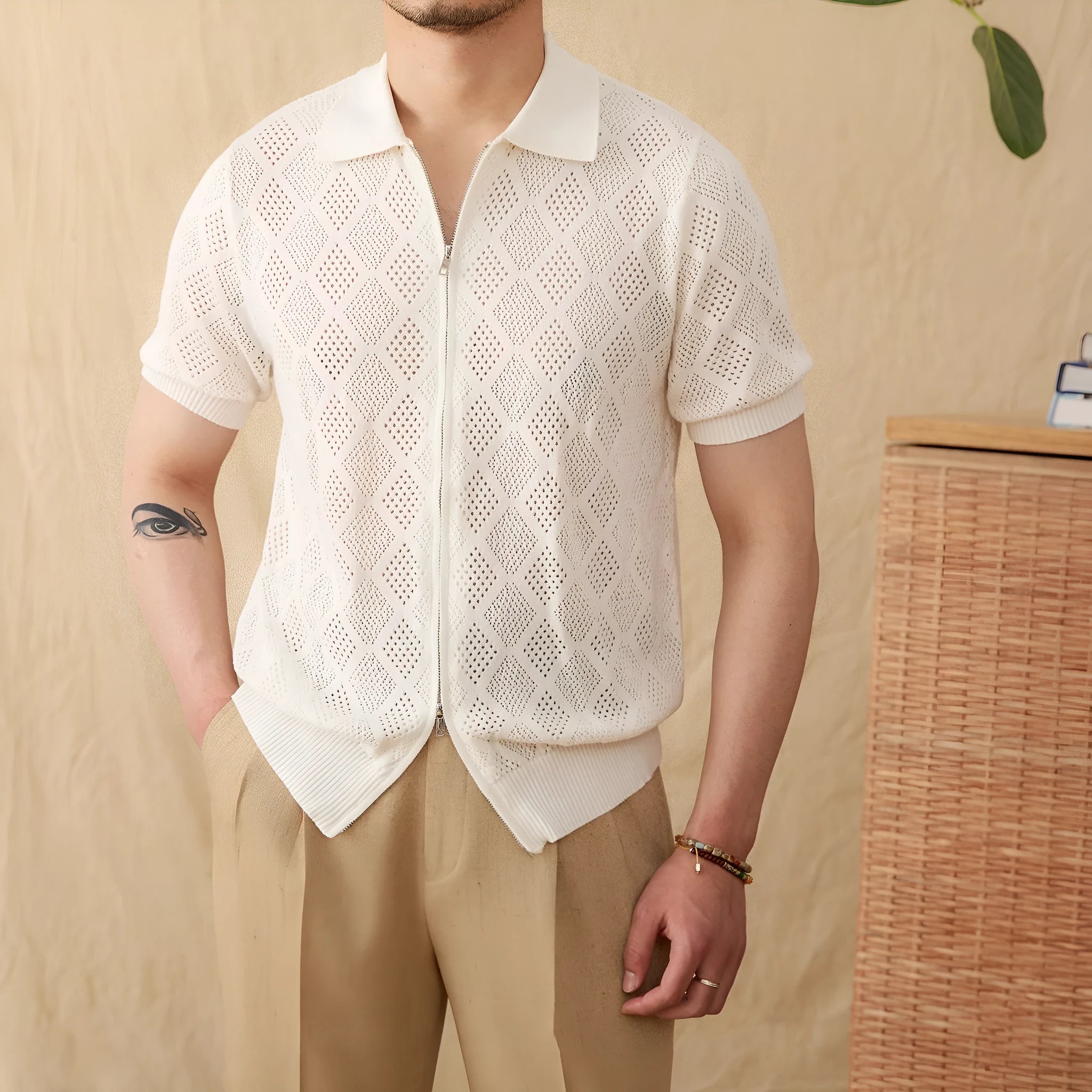 Men's light coffee cotton cardigan with zipper front and lapel collar shown on hanger