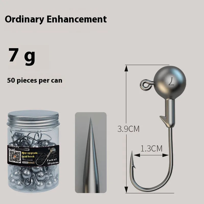 50-piece enhanced strength fishing jig hooks with lead-headed design in primary colours