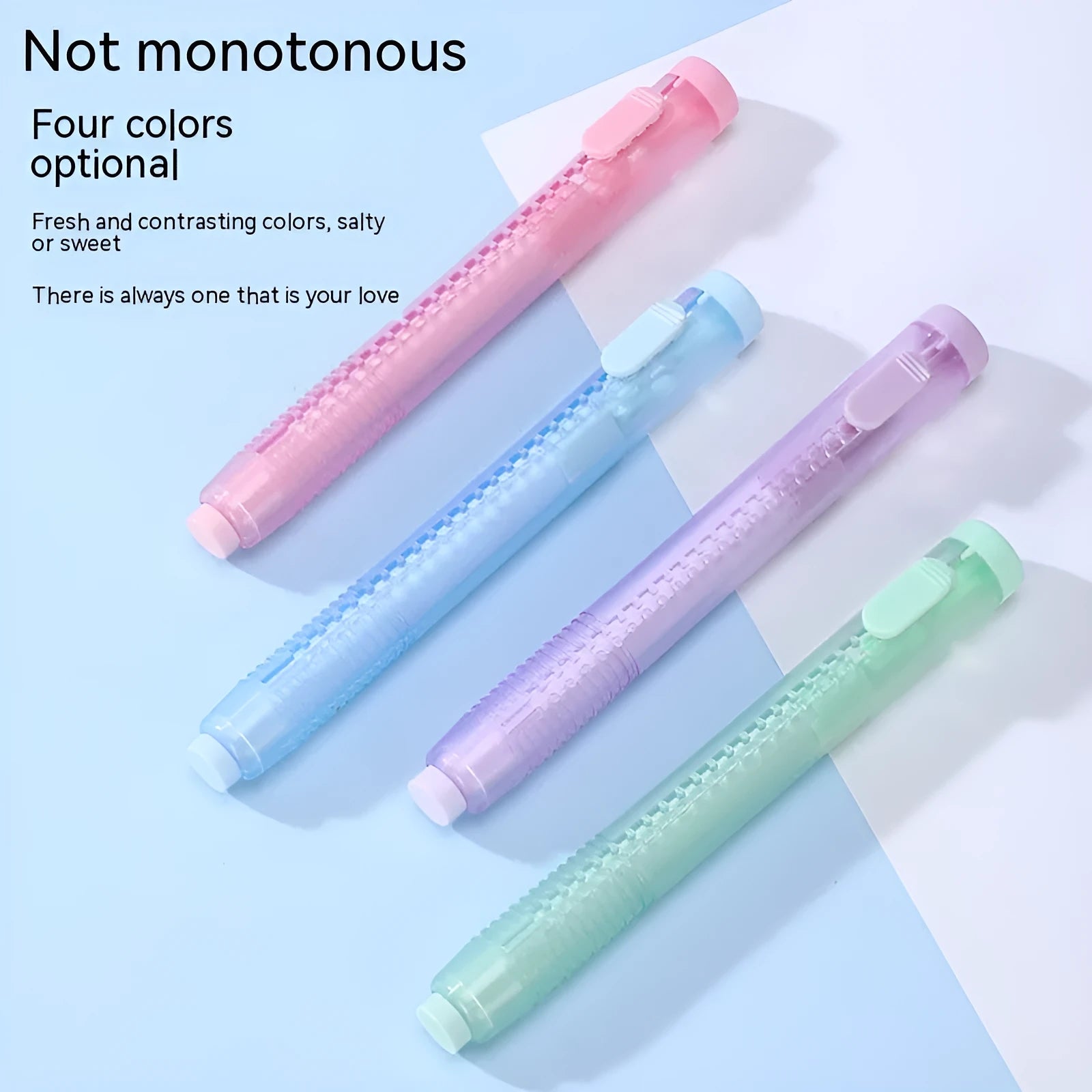 Push type traceless automatic eraser for children in blue, green, pink, purple colours