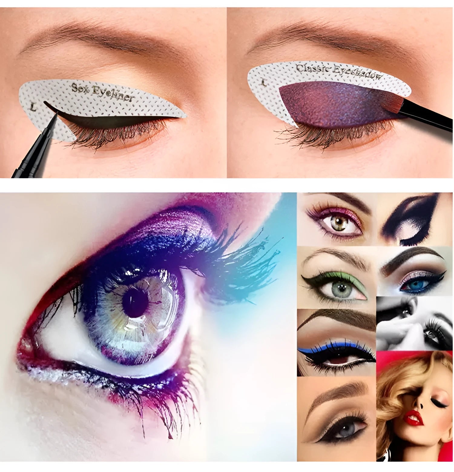 Set of four reusable flexible eyeliner and eyeshadow makeup stencil stickers on a pink background.