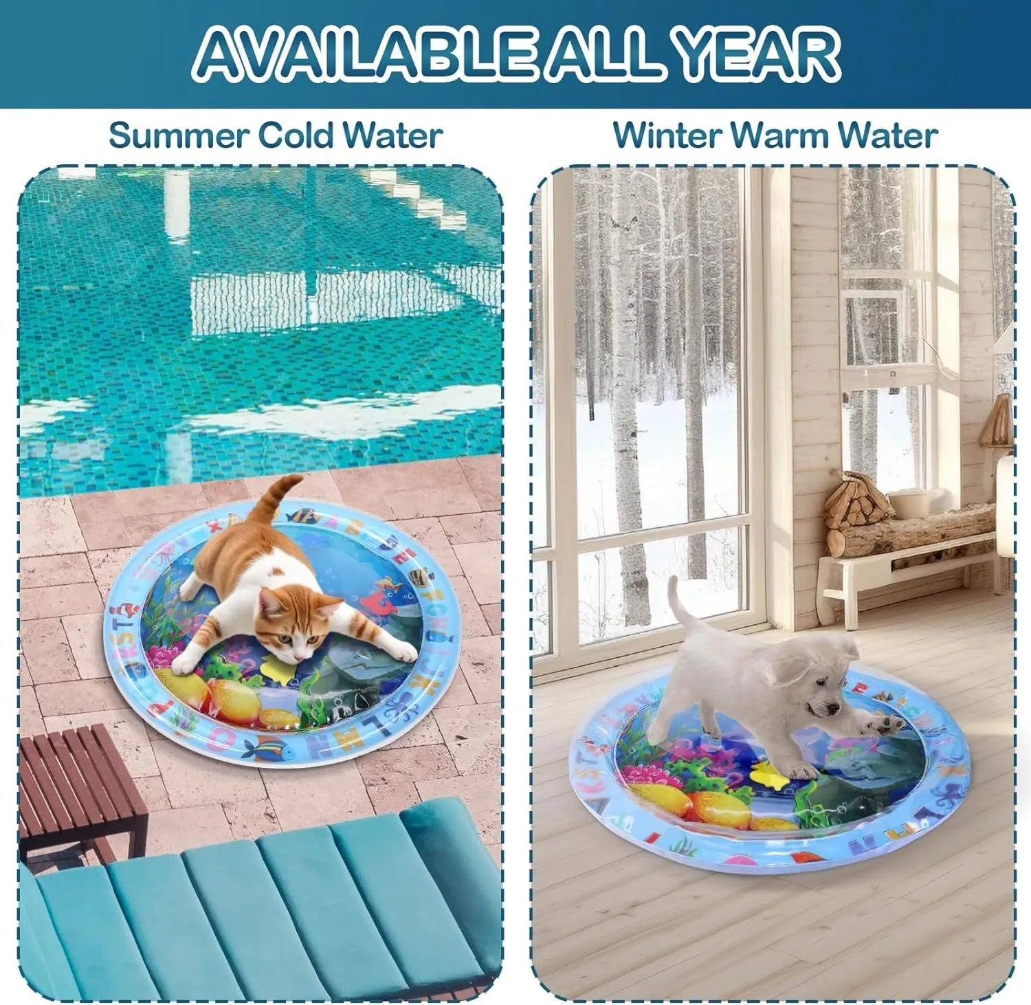 Square blue ocean-themed PVC water play mat for cats with floating fish toys inside, shown on a floor.