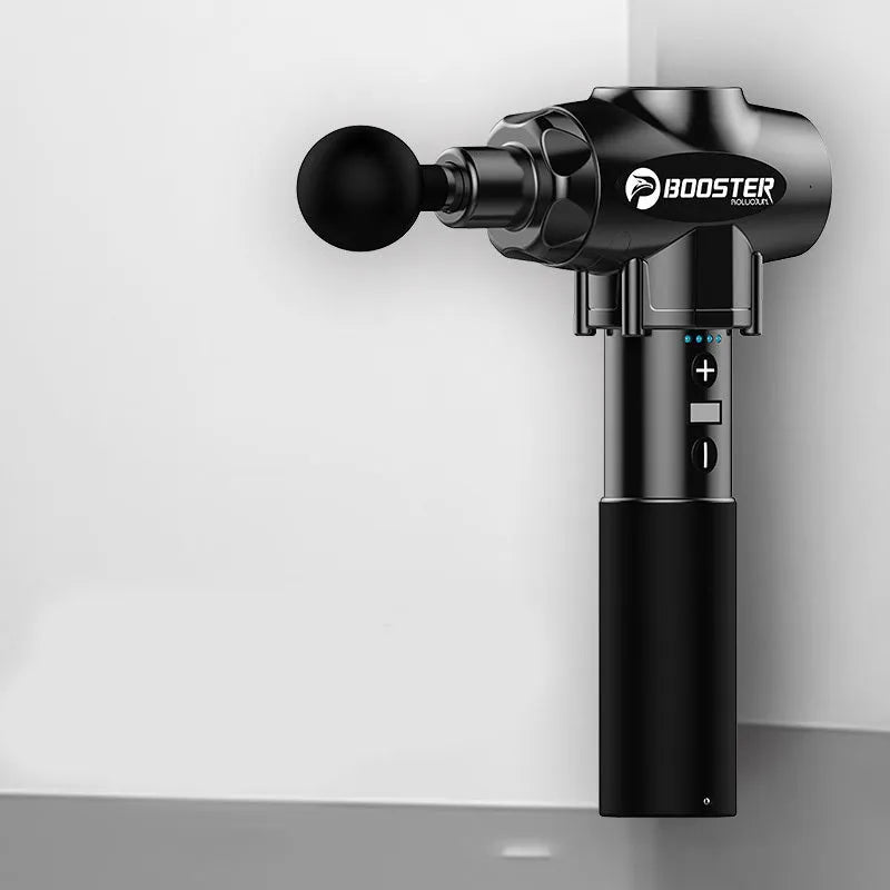 Black and white massage gun with adjustable speed control for muscle percussion therapy