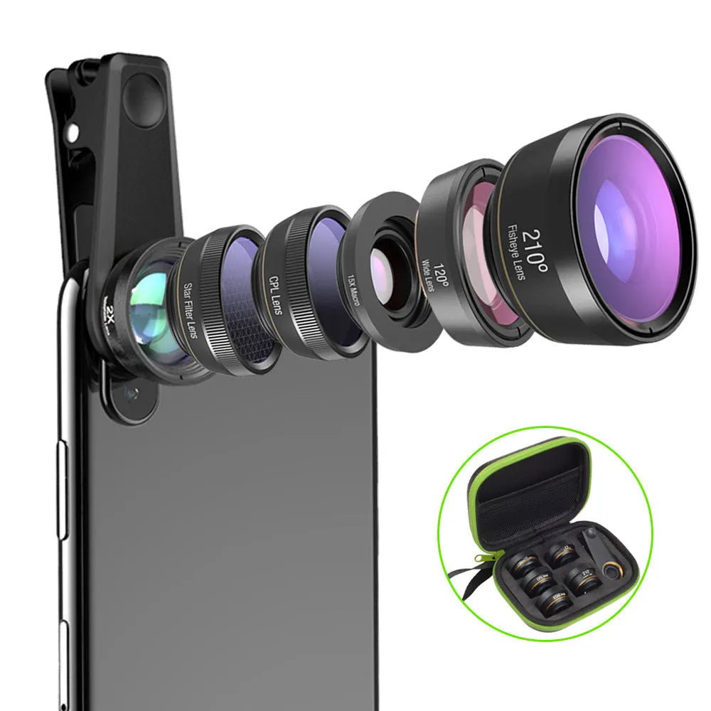Black 6-in-1 smartphone lens kit with fisheye, wide angle, macro, telephoto, CPL and star filters on universal mounting clip