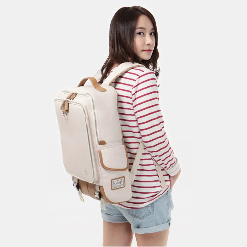 Korean style men's Oxford cloth backpack in seven colour options showing 30x16x46cm dimensions