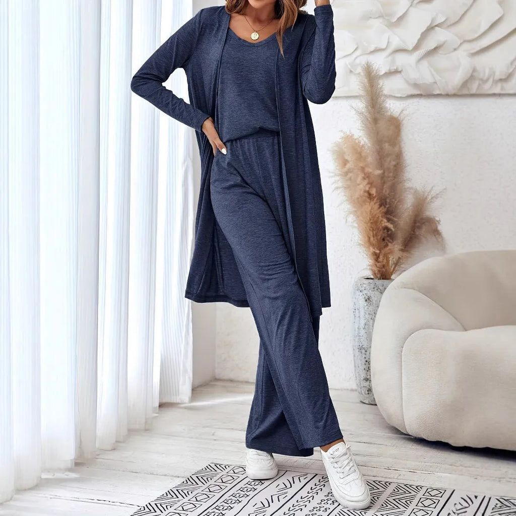 Blue women's three-piece suit with sling top, cardigan trousers and detachable suspenders