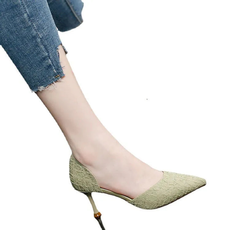 Ladies pointed toe high heels with stiletto heel in black, green and beige colour options