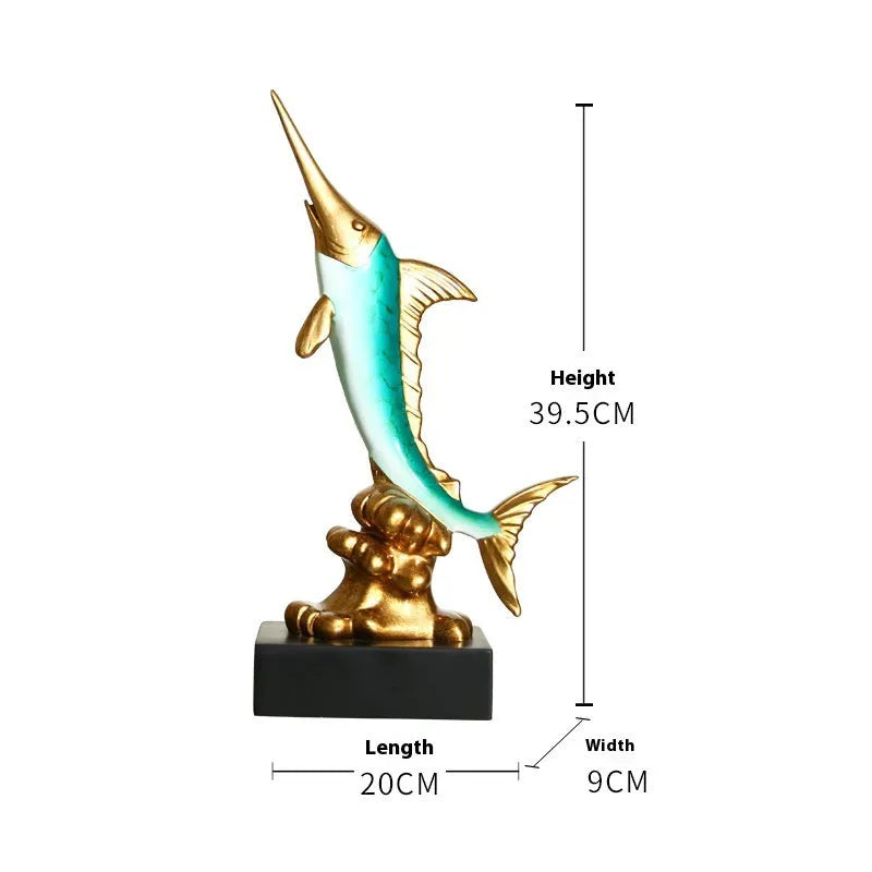 A European-style swordfish sculpture decoration in resin, shown in one of four colour options.