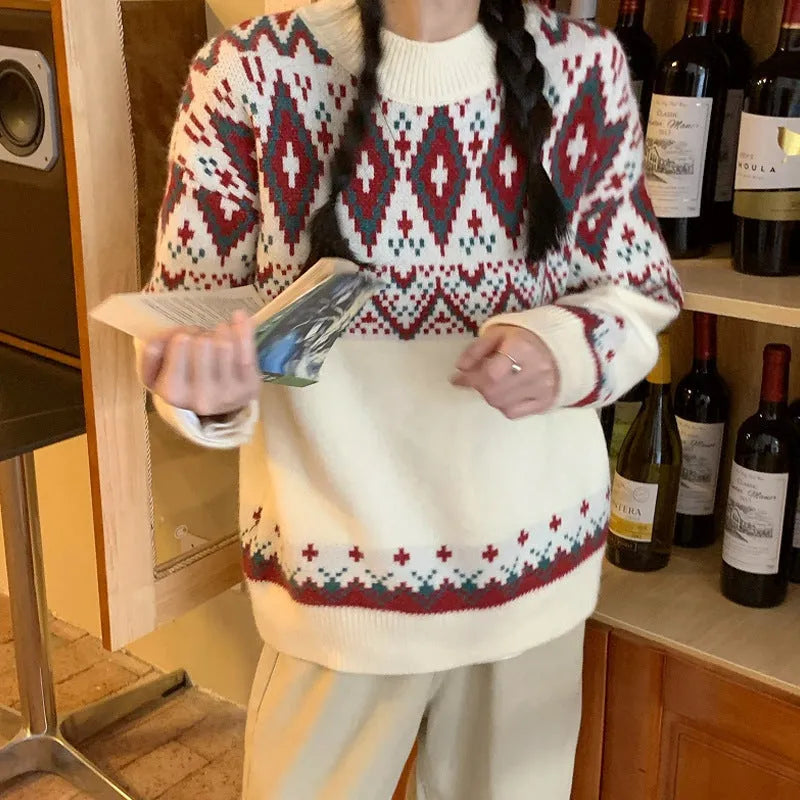Women's loose retro striped pullover knitted top in polyester with long sleeves