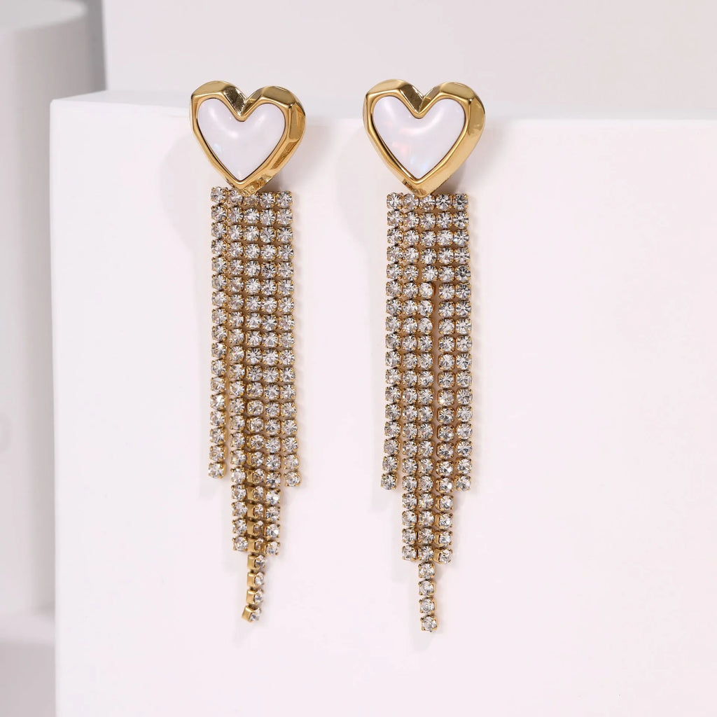 Diamond tassel love stainless steel earrings with 18K gold electroplating and geometric heart star designs
