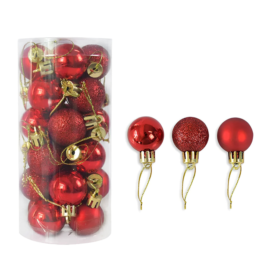 Shiny matte Christmas baubles in various colours showing 3cm diameter plastic electroplated decorations