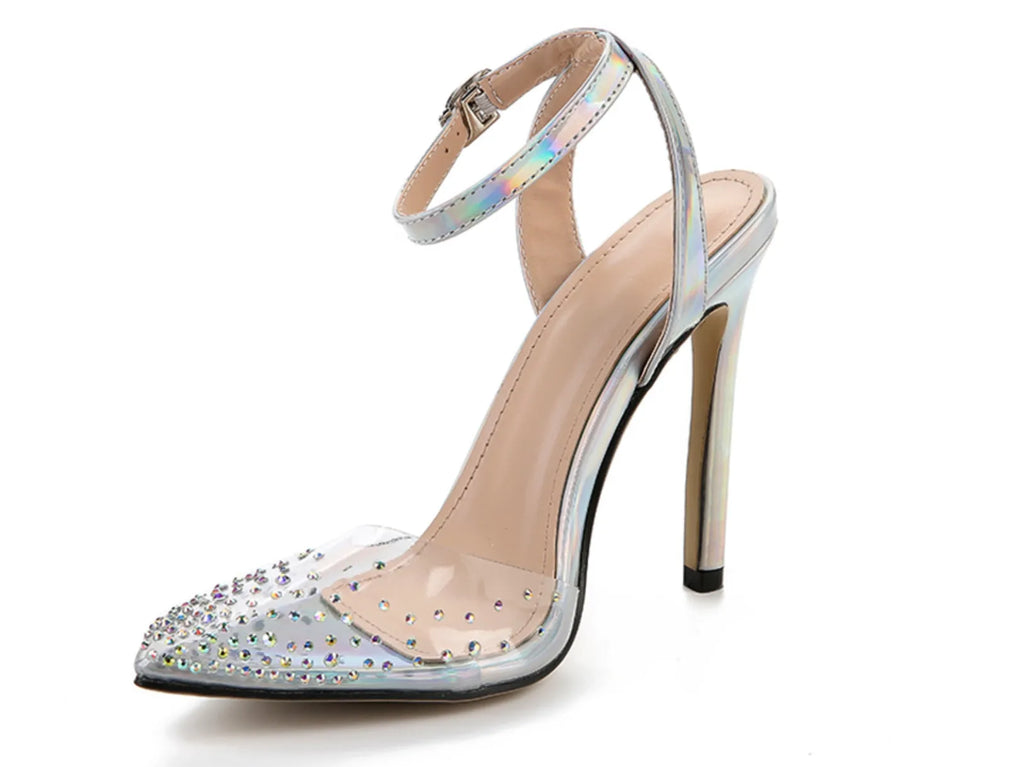 Women's pointed toe stiletto sandals with diamond decoration on PVC upper in Asian sizes 35-42