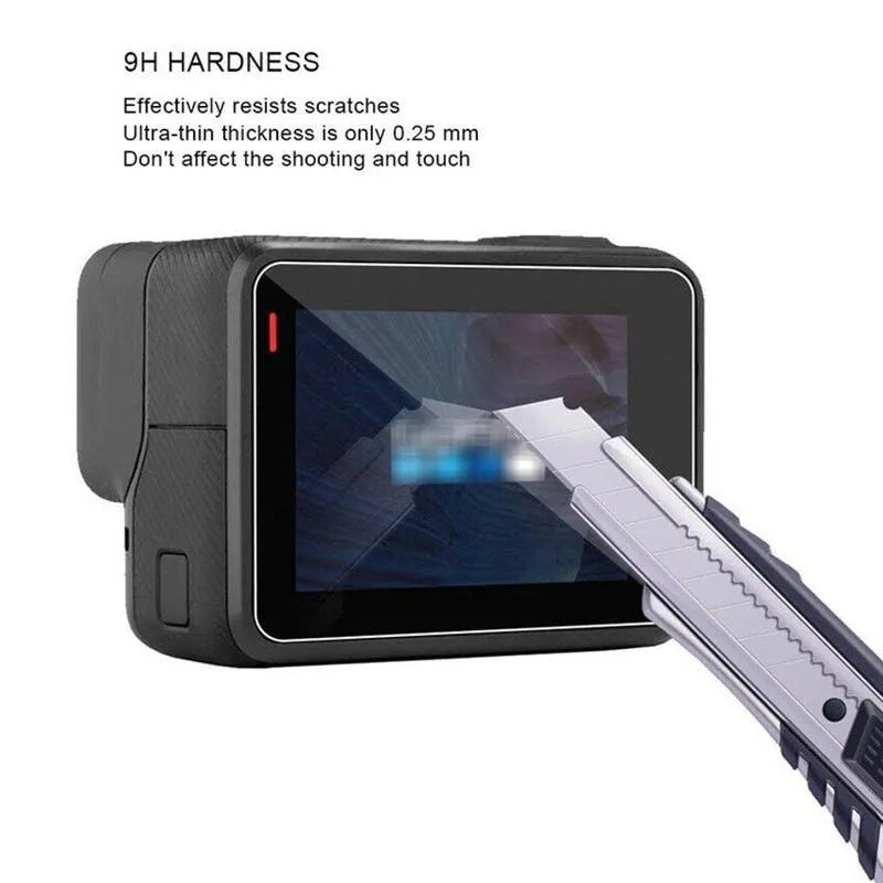 GoPro Hero camera with transparent tempered glass lens protector and LCD screen protector applied.