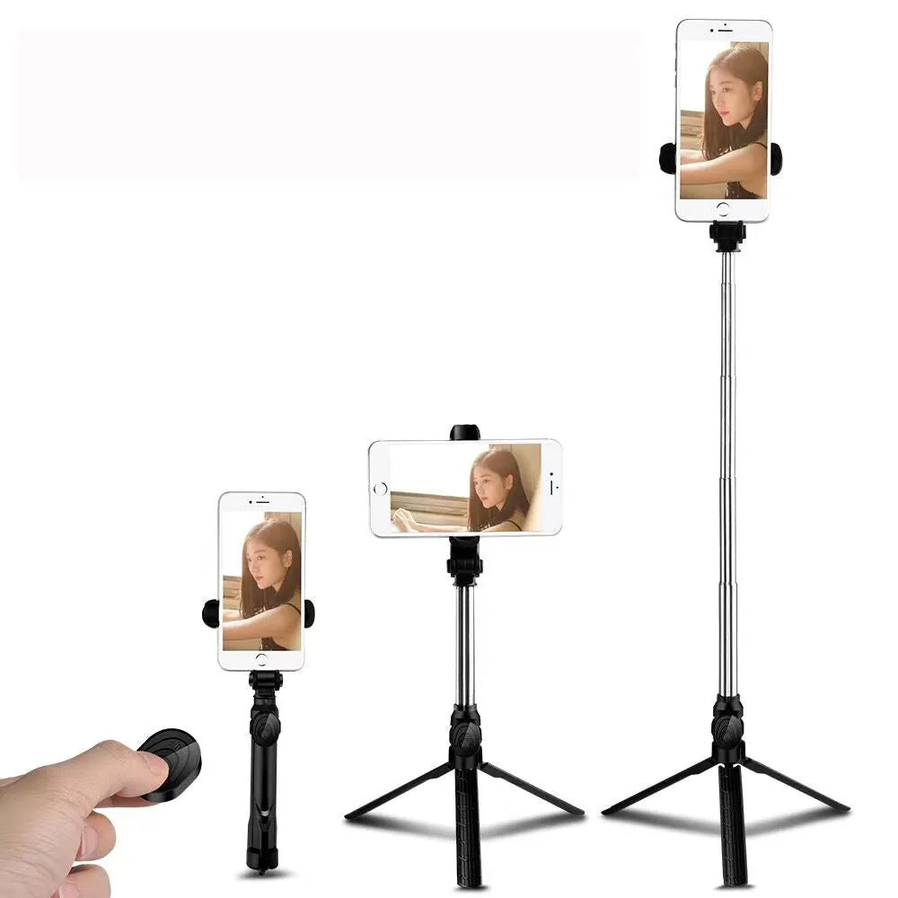 Black iPhone tripod selfie stand with extended aluminium rod and Bluetooth remote control