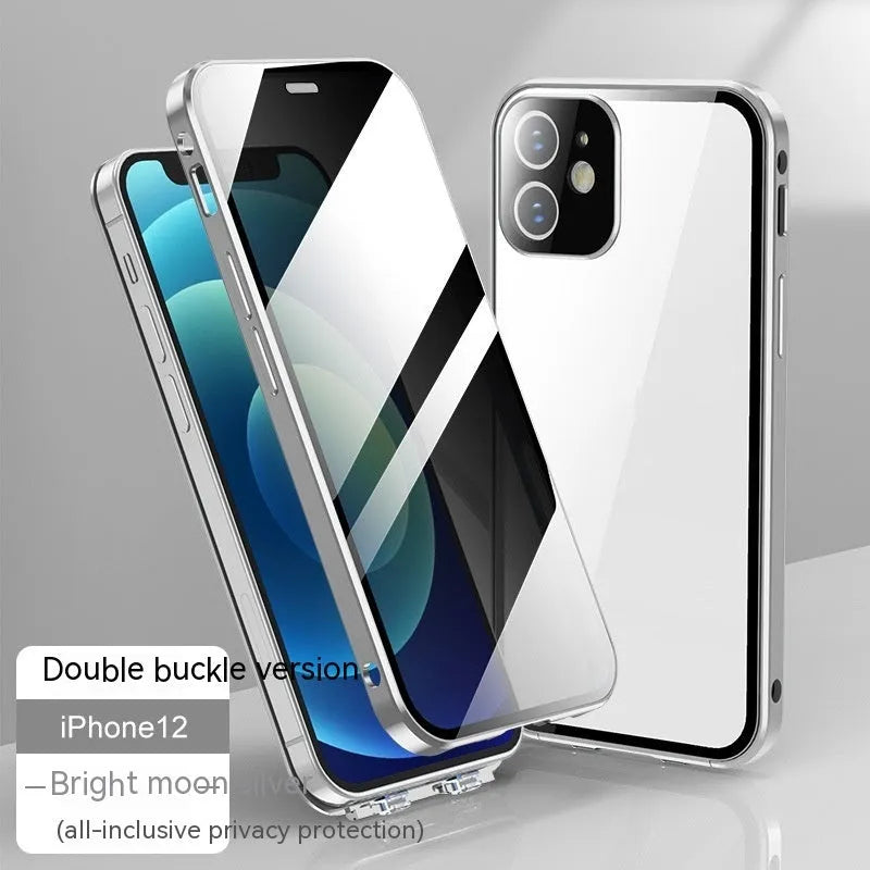 Glass back iPhone privacy case with double-sided buckle, shown in silver colour.