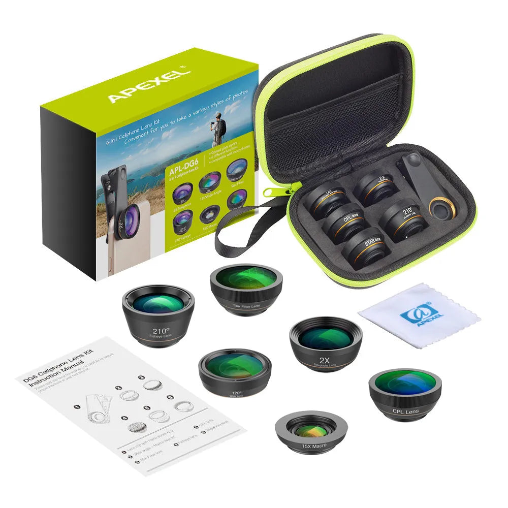 Black 6-in-1 smartphone lens kit with fisheye, wide angle, macro, telephoto, CPL and star filters on universal mounting clip