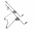 Grey aluminium and plastic universal stand holding a mobile phone and a laptop on a desk