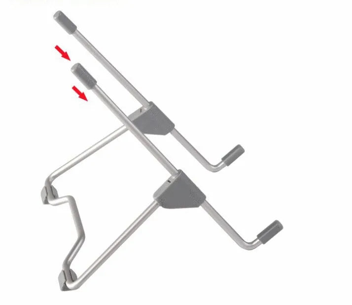 Grey aluminium and plastic universal stand holding a mobile phone and a laptop on a desk