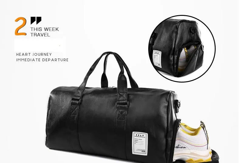Black waterproof sports duffel bag with separate shoe compartment and diagonal shoulder strap