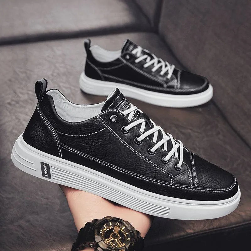 Men's white casual shoes with flat sole and round toe Korean style design