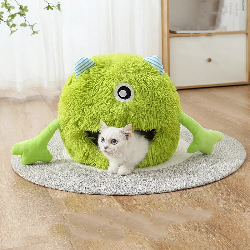 Round fluffy plush cat bed on floor with non-slip base, shown in three size options