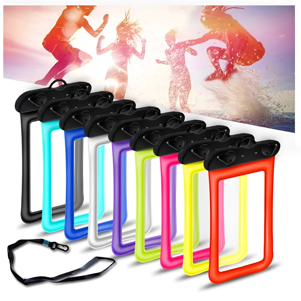 Waterproof phone pouch with neck rope in multiple colour options including orange, black, and blue