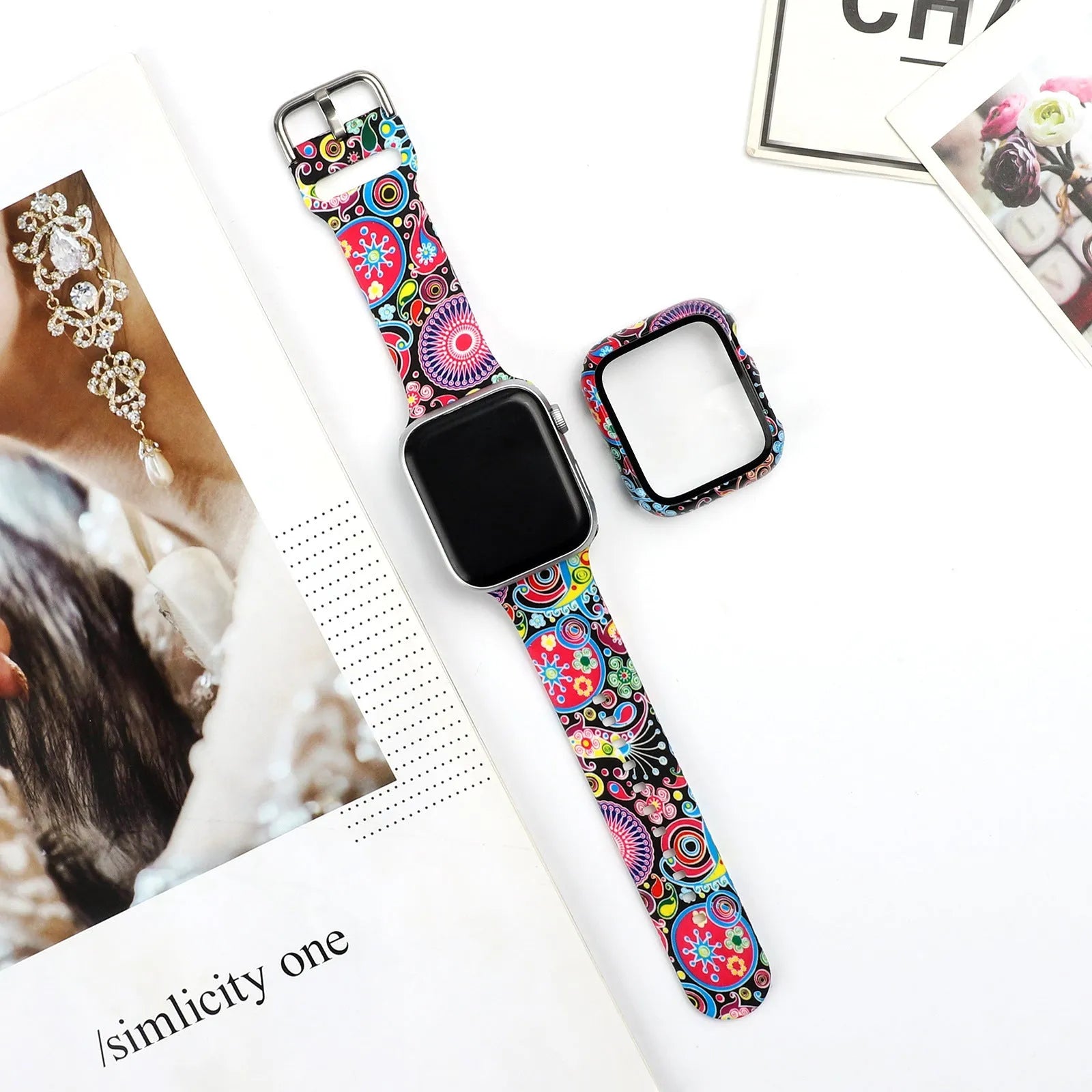 Printed fashion silicone replacement strap for Apple Watch showing multiple design options and 38mm 40mm 42mm 44mm size compatibility.