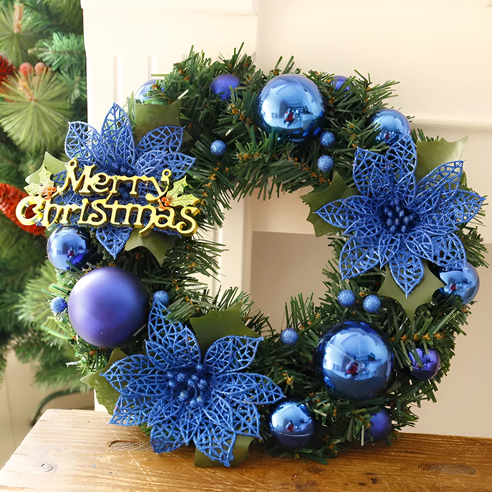 30cm multicolour plastic Christmas wreath with blue gold pink purple red and silver leaves for door decoration