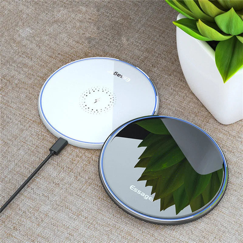 Black aluminium wireless charging pad with LED indicator lights for Qi-compatible phones