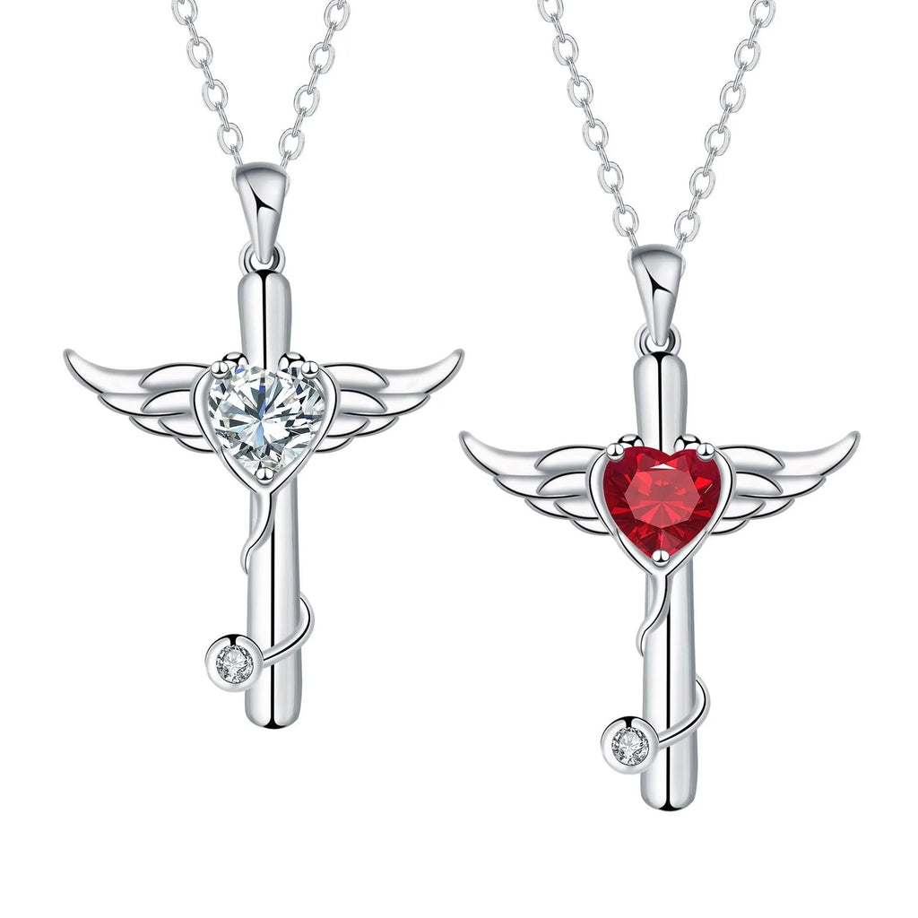 Silver-tone angel wings cross stethoscope necklace with diamond accent on copper chain