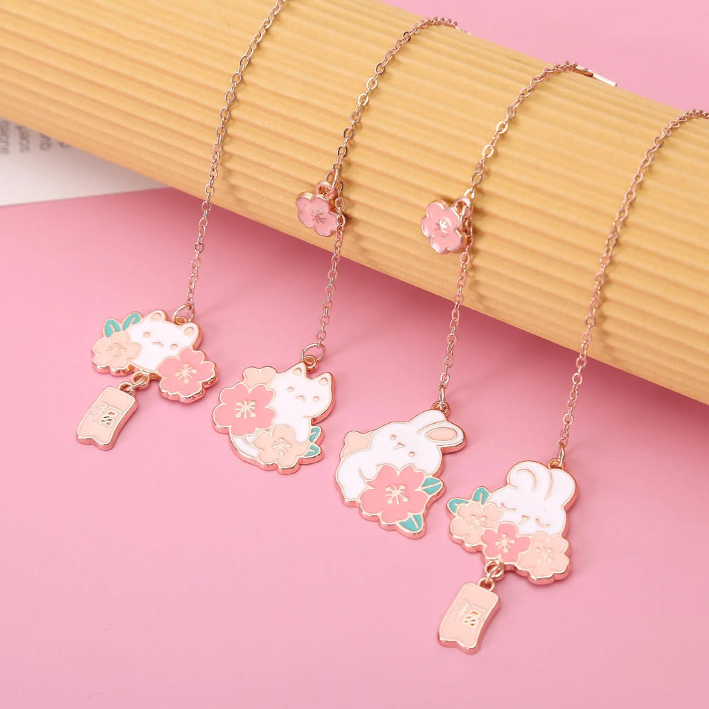 Cute cartoon metal pendant bookmark with cherry cat and sakura bunny designs