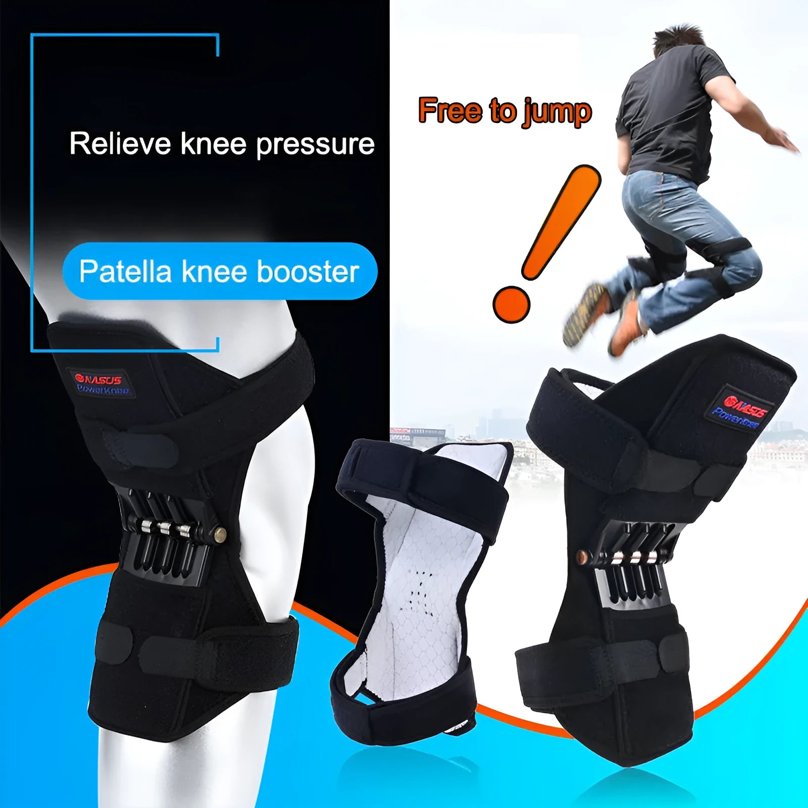 Adjustable knee brace support with spring mechanism and breathable fabric for sports