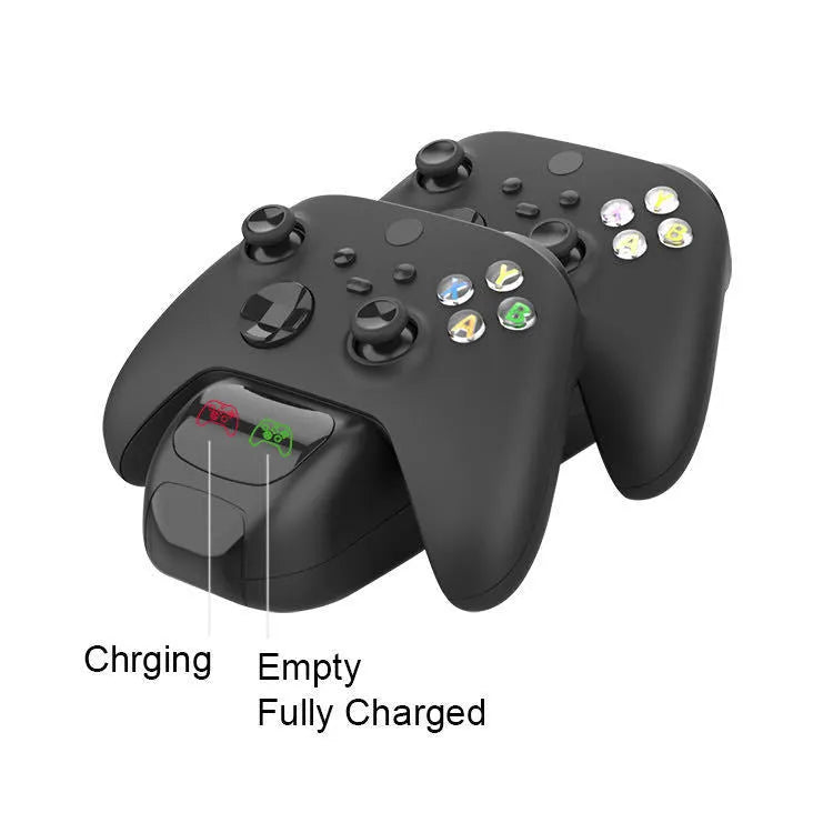 Black Xbox Series X wireless controller charging dock with two battery packs and Type-C cable