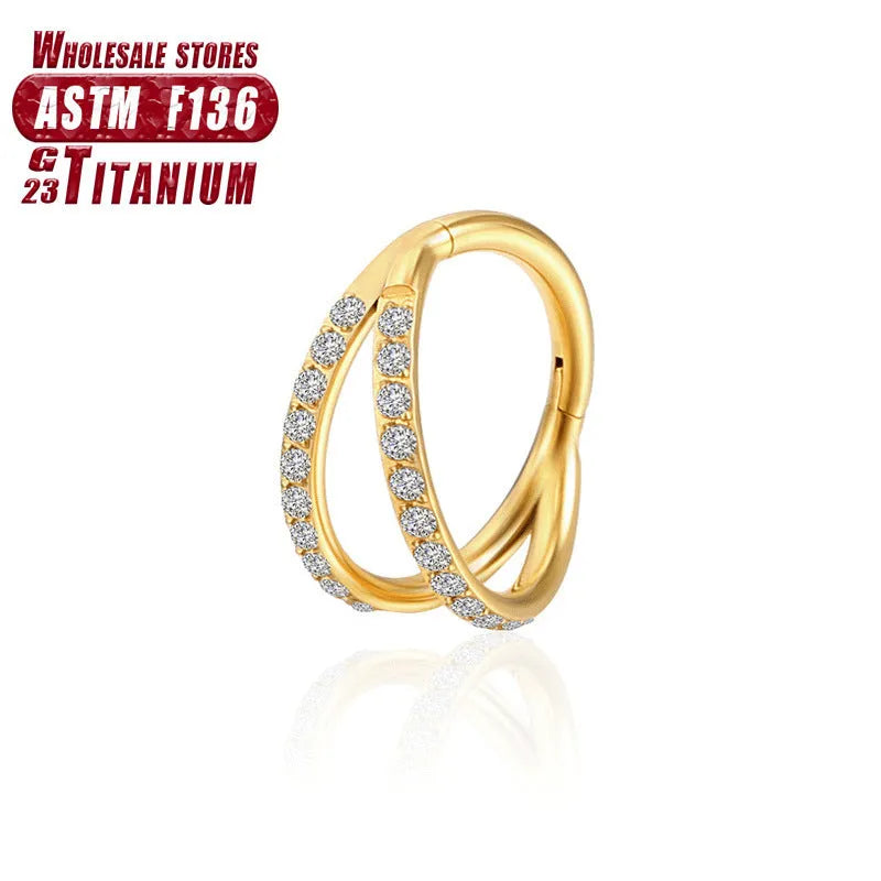 Titanium alloy L-shaped fork nose ring in silver, gold, black, rose gold and colourful finishes on a white background.