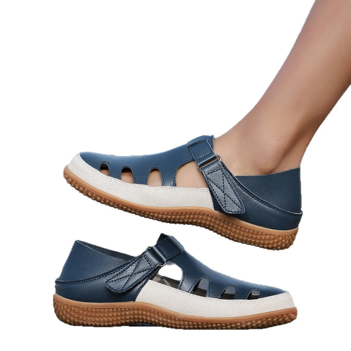 Plus size women's flat heel sandals with hollow toe cap in blue, red, and white colour options