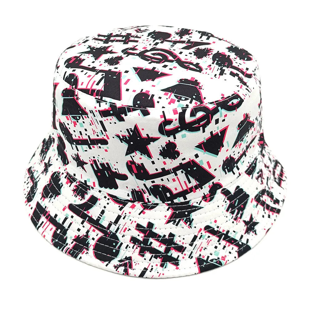 Musical note pattern printed bucket hat with dome crown in polyester fabric