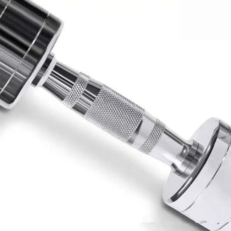 Silver electroplated pure steel dumbbell with ergonomic handle on grey background