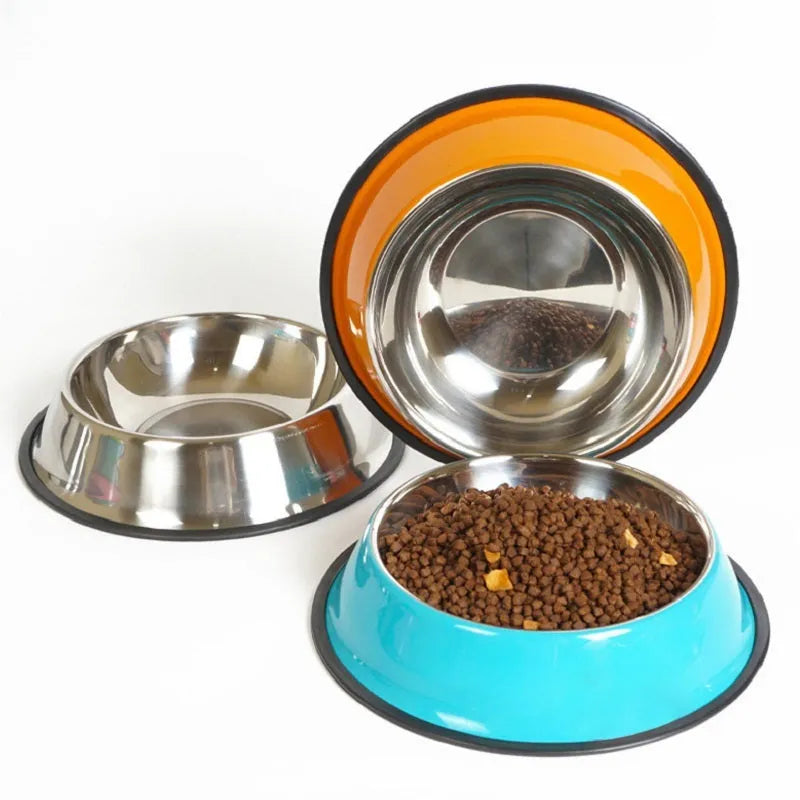 Colourful stainless steel pet bowl with non-slip rubber base available in multiple sizes