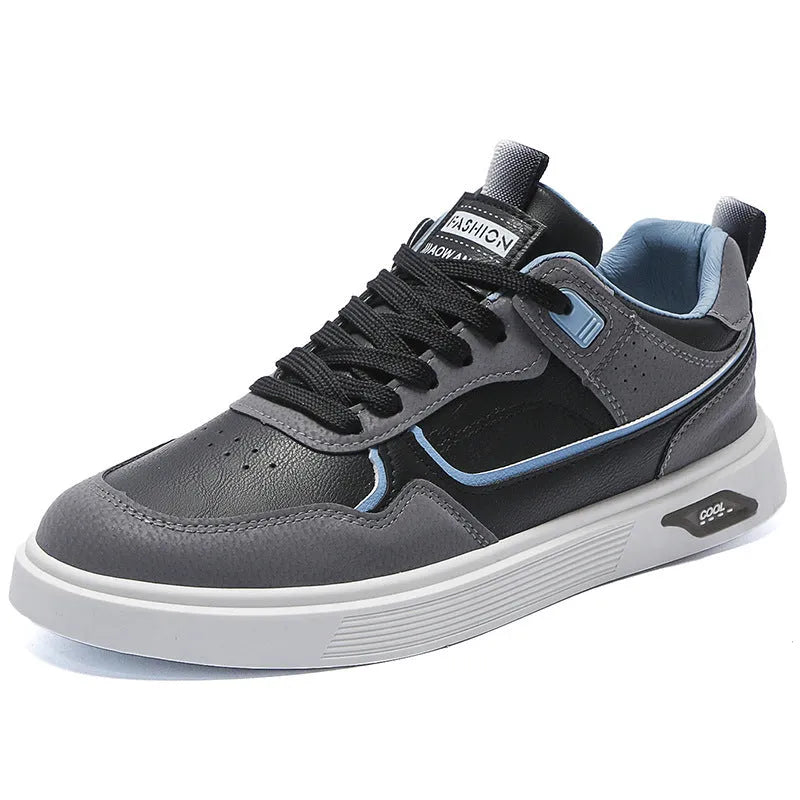 Men's low top canvas board shoes in beige with leather stitching detail and mesh lining