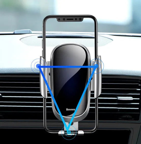 Universal smart car bracket in black mounted on a car dashboard holding a smartphone