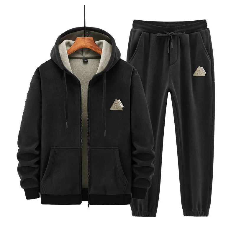 Men's grey casual sports suit set featuring a hooded long-sleeve sweater and matching trousers