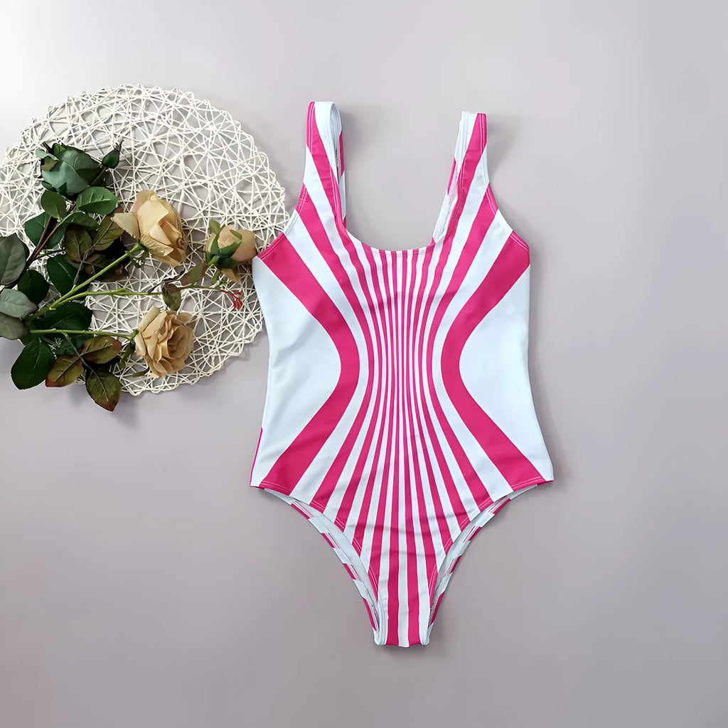 Pink striped women's one-piece swimsuit with digital printing front and back