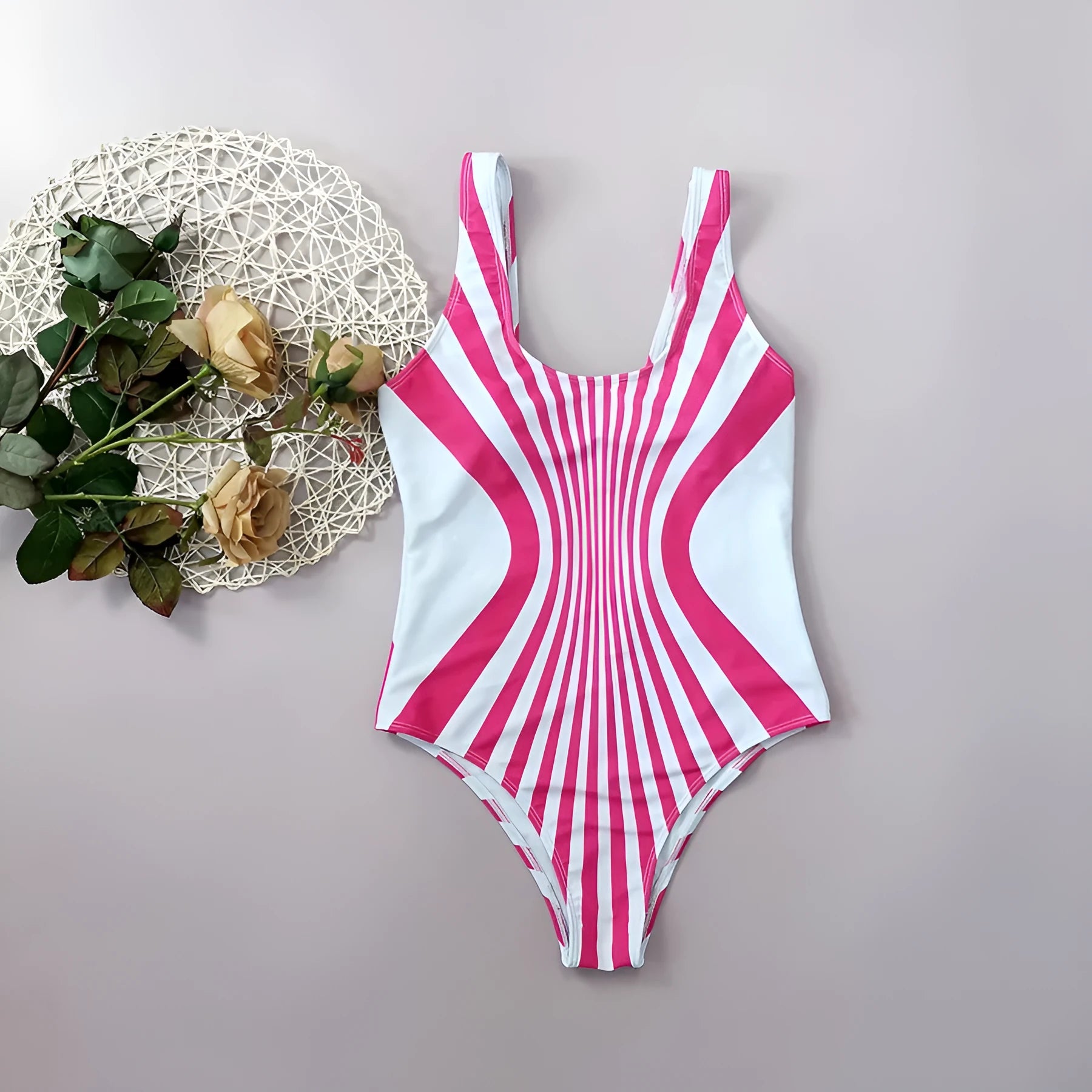 Pink striped women's one-piece swimsuit with digital printing front and back