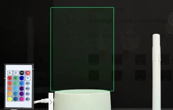 3D acrylic message board lamp with black crack base displaying handwritten text and glowing with multi-colour LED light