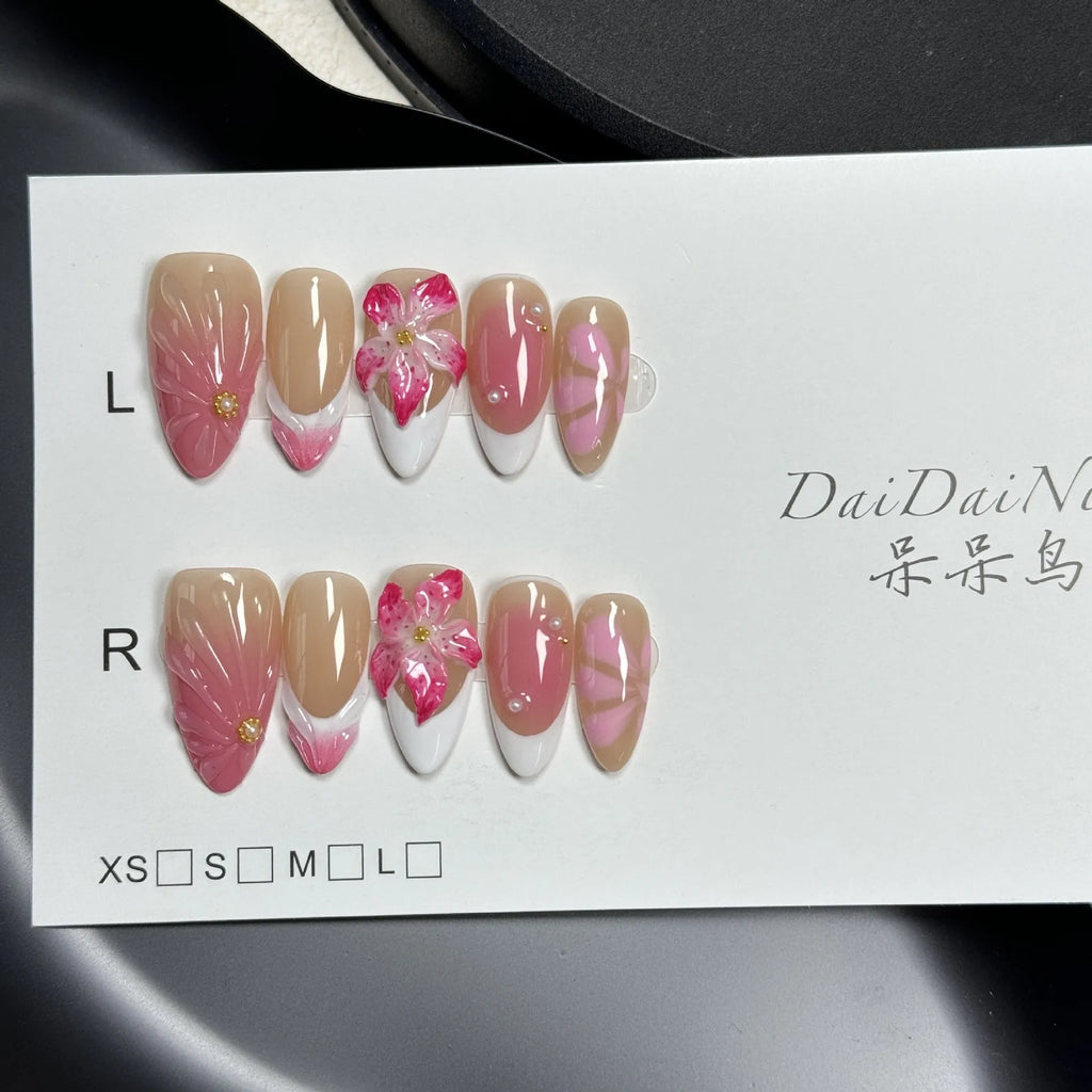 French style manicure set with three-dimensional lily and fluid ice flower plastic decorations